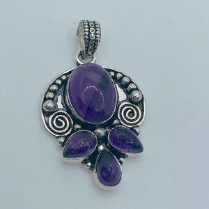 Vtg Amethyst Oval Pear Cabochon Stone Pendant Unmarked Silver Tone 1.6”